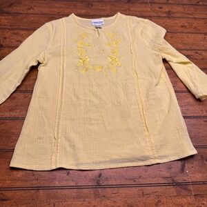 Country Store Yellow Floral Embroidered Cotton Gauze Tunic Top Women's Medium